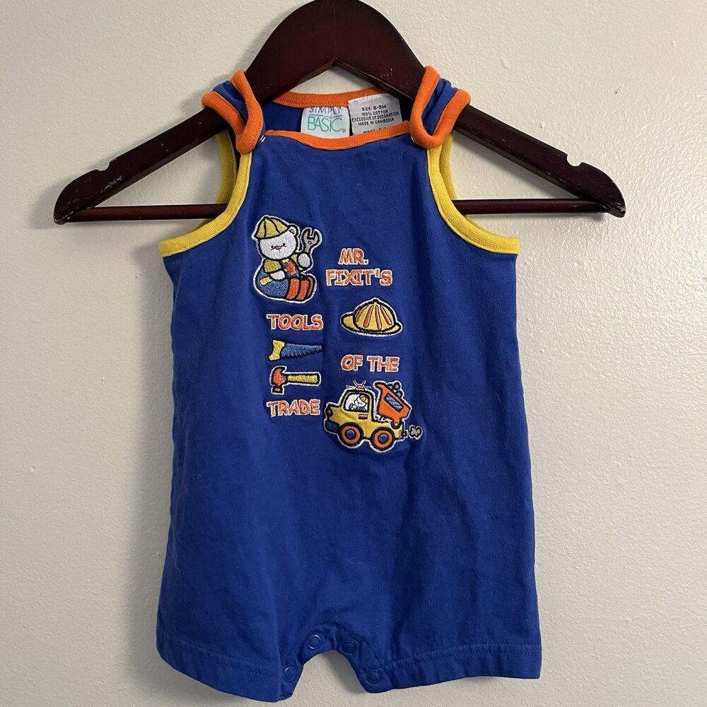 Simply Basic Vintage 90s Embroidered Bear Construction Romper- 6/9M